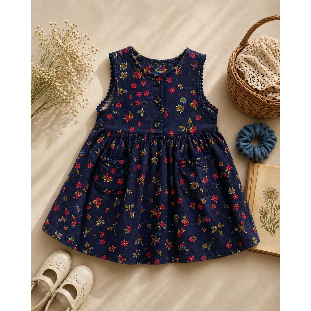 Vtg McKids Navy Blue Corduroy Floral Autumn Bouquet‎ Jumper Dress Toddler 3T 90s